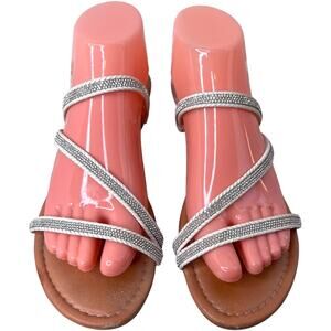 Mila Paoli Rhinestone Strappy Slide Sandals Silver Glam Y2K Women 9.5